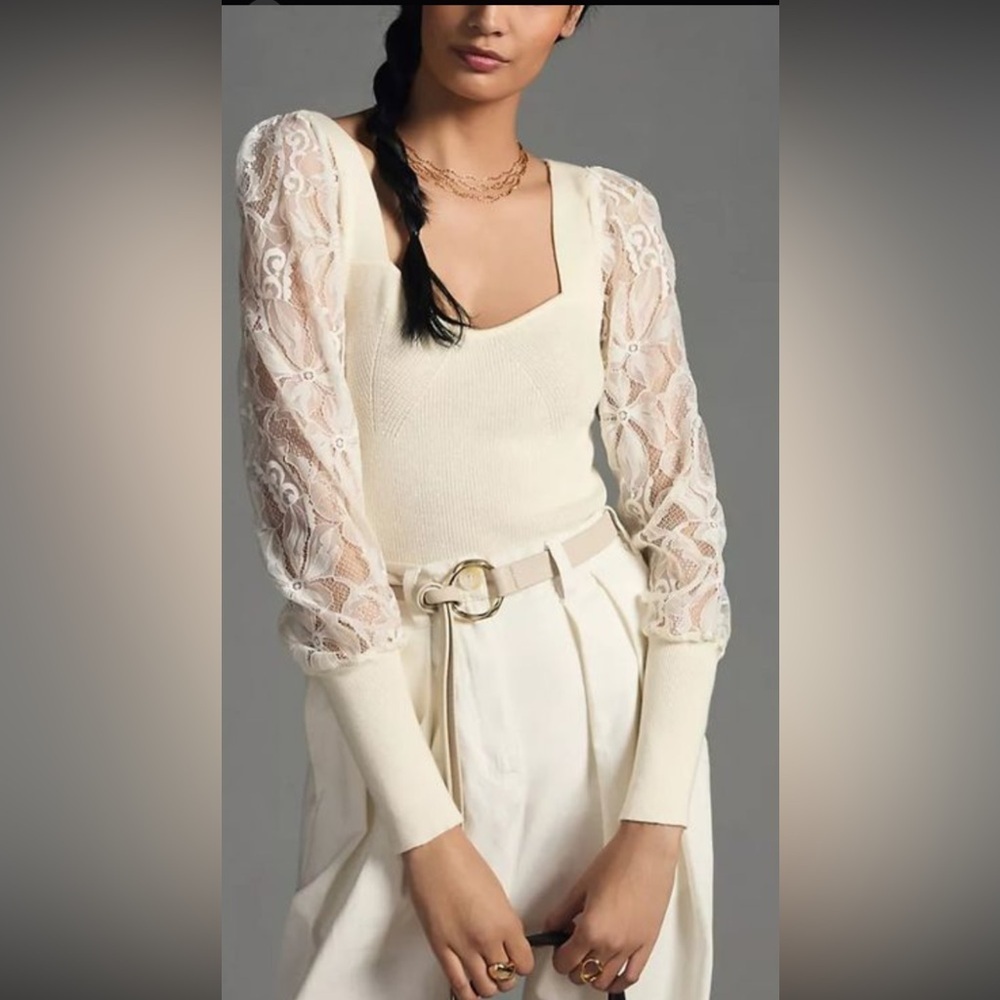 Anthropologie Ivory Lace Sleeve Sweater